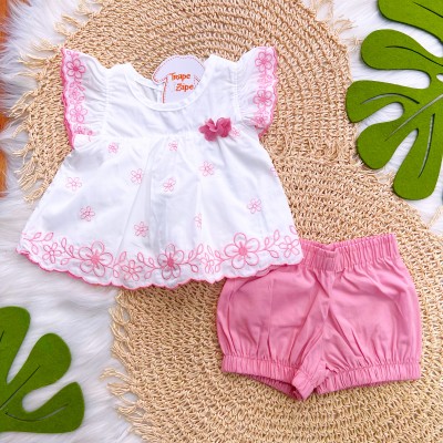 Conj. Batinha com Flores em Lese Bordado e Short - Off White e Rosa